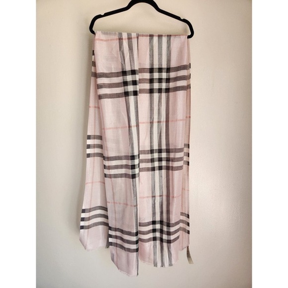 Burberry Lightweight Giant Check Wool Silk Viscose Scarf 84.6'' x 27.6'' Pink - Picture 4 of 16